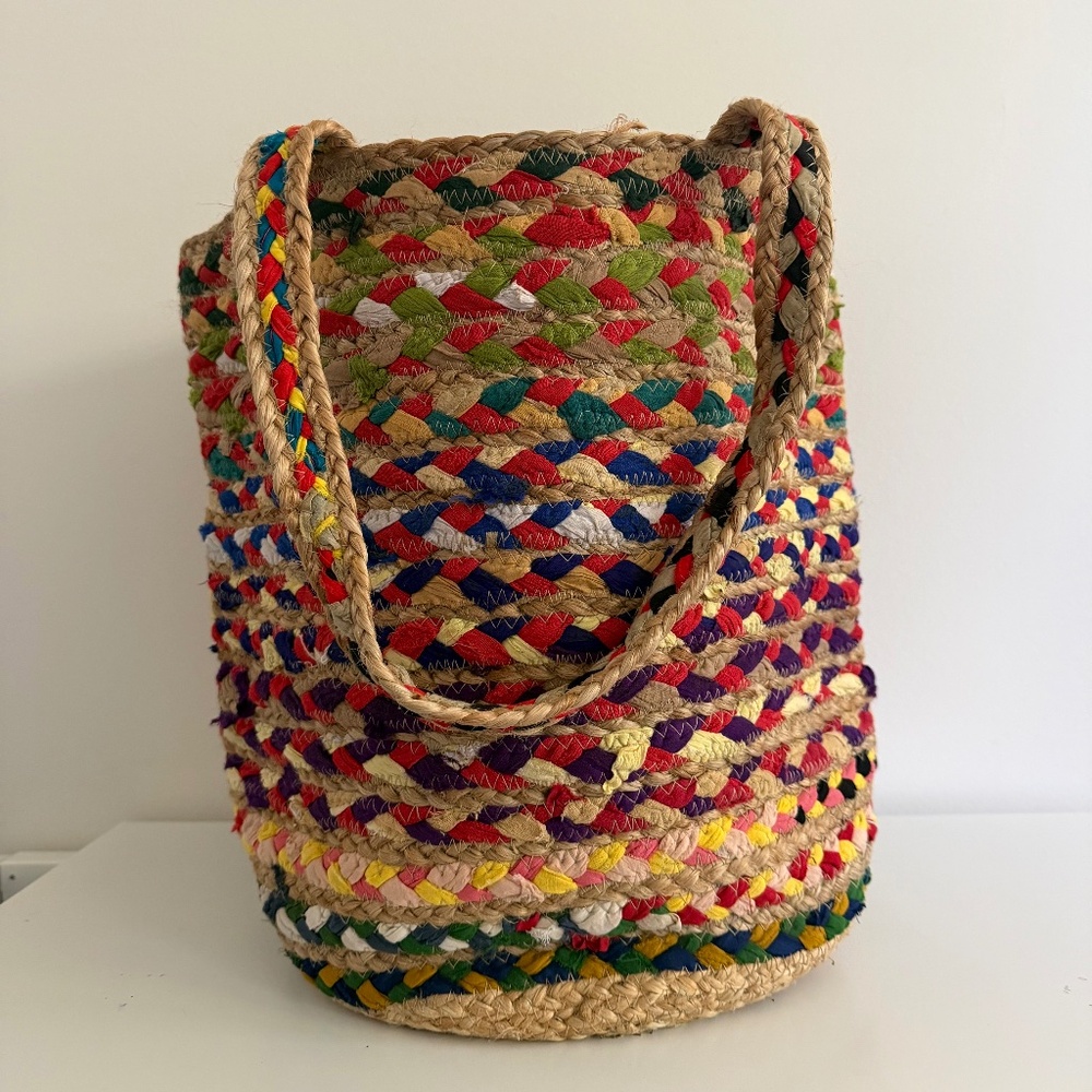 Beach Bag Tote Basket Woven Colorful Bucket Pool Cabana Resort Natural Fiber